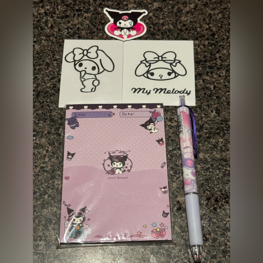 Sanrio Kuromi notebook and pen and sticker set plus 2 extra stickers